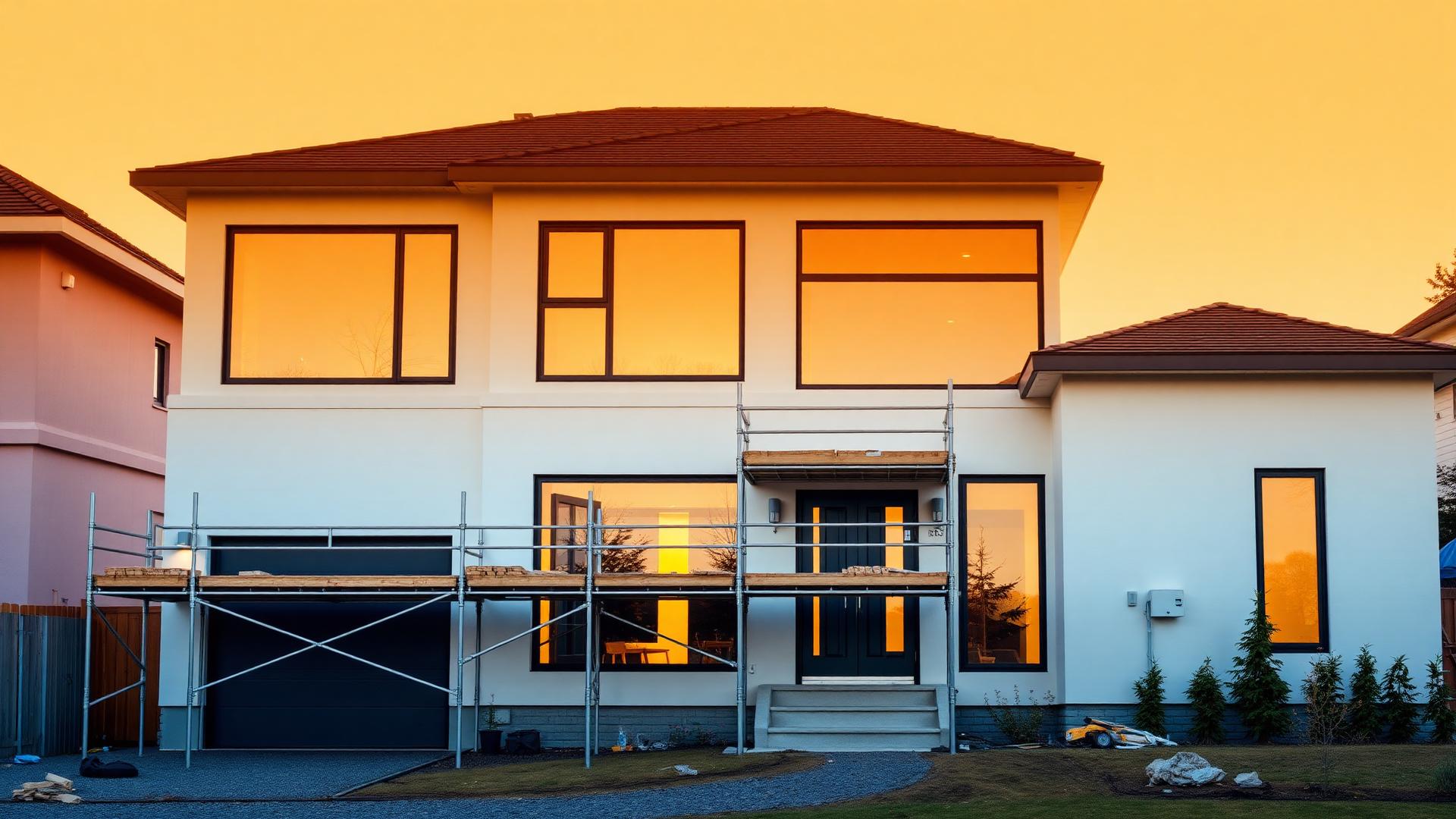 Maison résidentielle en rénovation avec échafaudages